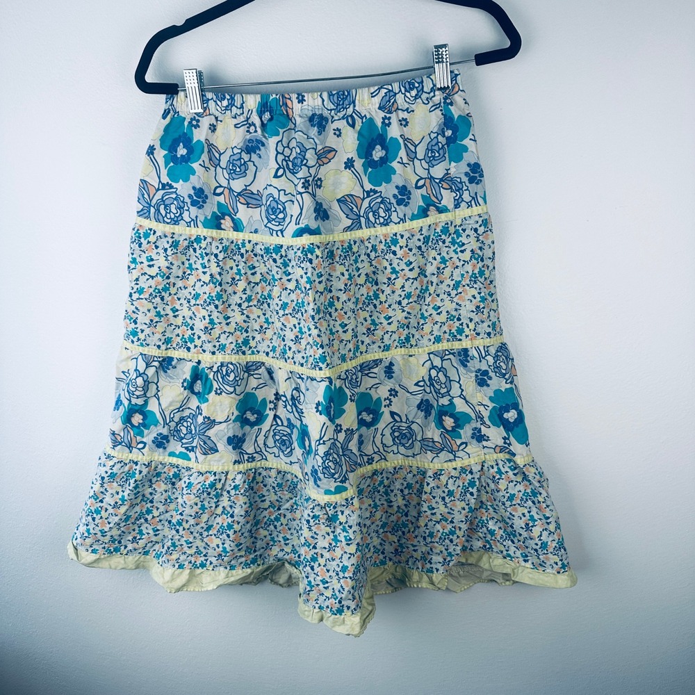 Hanna Andersson Floral Tiered Midi Skirt Blue Yellow Cotton S - Picture 5 of 8